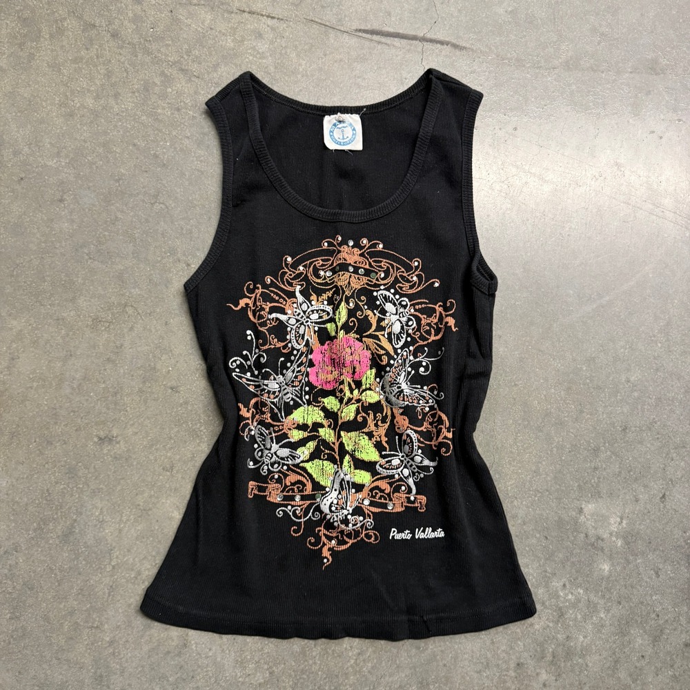 Marina Collection Puerto Vallarta Butterfly Rose Ribbed Tank Top Black Y2K XL